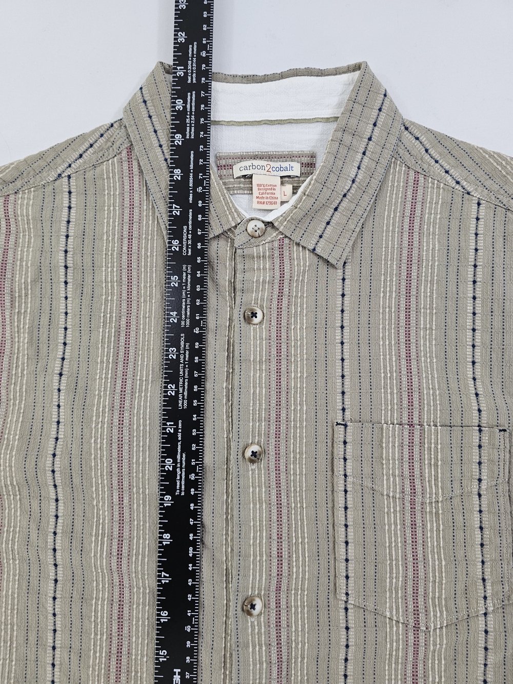 Carbon 2 Cobalt Textured Dobby Dash Men's L Khaki RWB Striped Button Up Shirt - Picture 5 of 8